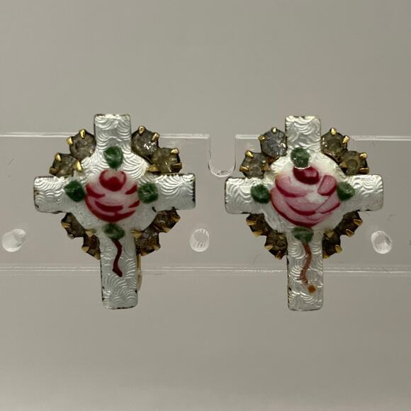 Vintage Gilloche Painted Floral Rose Screw Back Earrings Cross Rhinestones - Picture 1 of 6